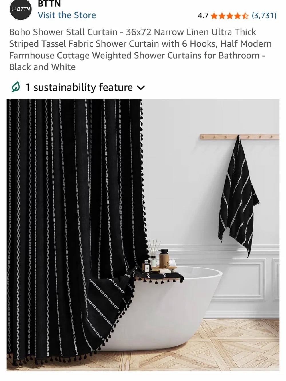 Black Striped Tassel Shower Curtain 37”x72” - Modern Boho - Picture 2 of 9